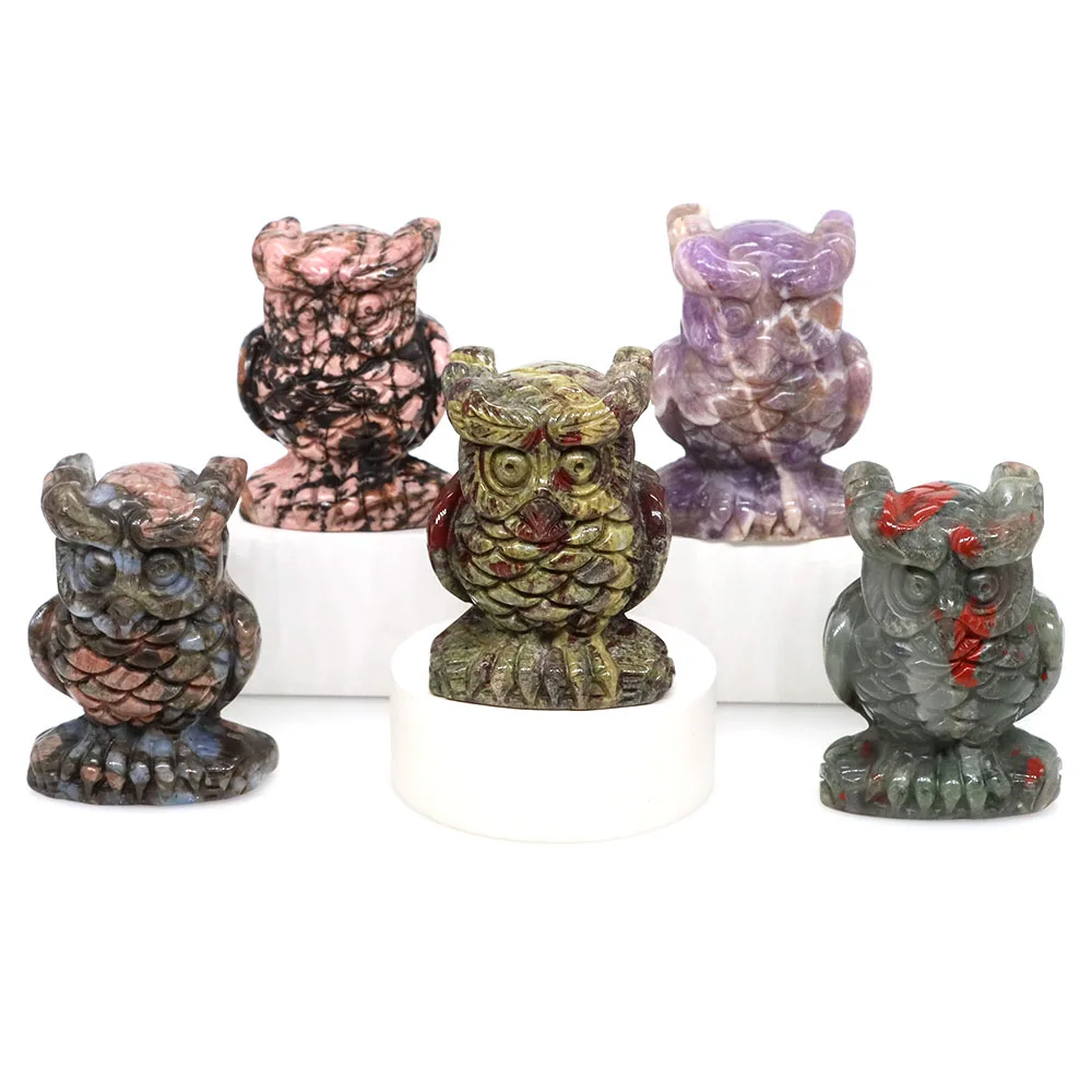 

2" Owl Statue Natural Crystal Stone Pink Quartz Healing Reiki Gemstone Hand Carved Animal Figurines Crafts Home Decoration Gifts