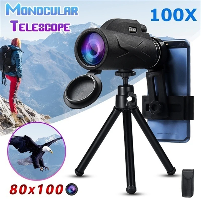 

80x100 HD Monocular High-Power Starscope Day/Night Vision Telescope Monocular w/ Phone Clip&Tripod For Outdoor Camping Hunting