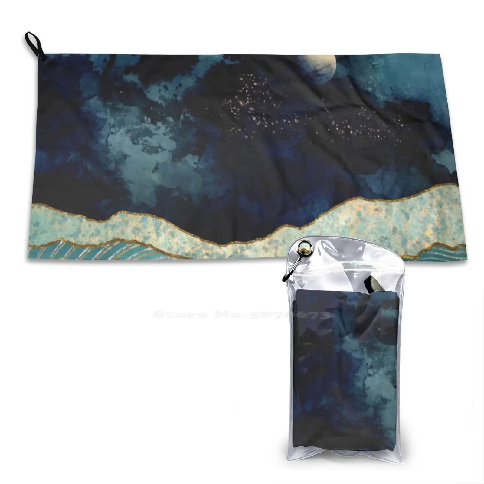 Indigo Sky Lake Reflection Blue Mint Green Gold Stars Mountains Landscape
