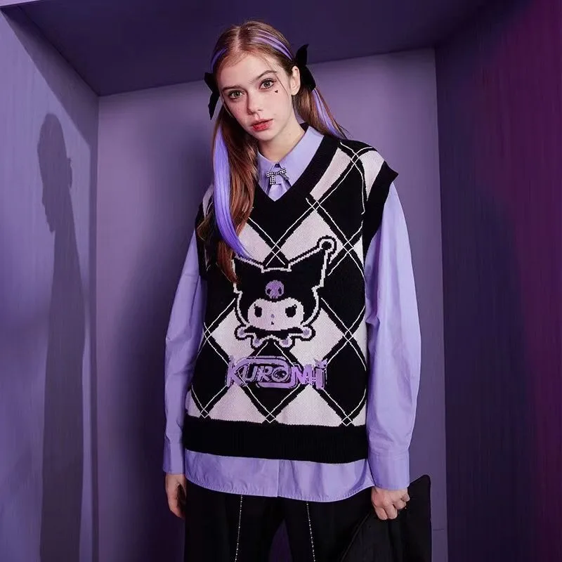 

Kuromi Anime Sanrio Kawaii Knitted Vest Cute Magic Cool Preppy Chic Plaid Student Autumn Warm Match Sweater Girl Birthday Gift