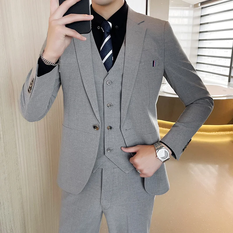 

2022 Fashionable men's casual business suit 3 sets/Men's one-button suit jacket trousers vest