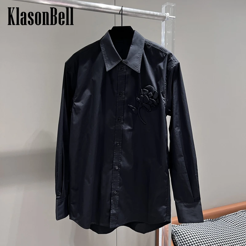 

12.29 KlasonBell Elegant Flower Decoration Single Breasted Solid Color Shirt Women