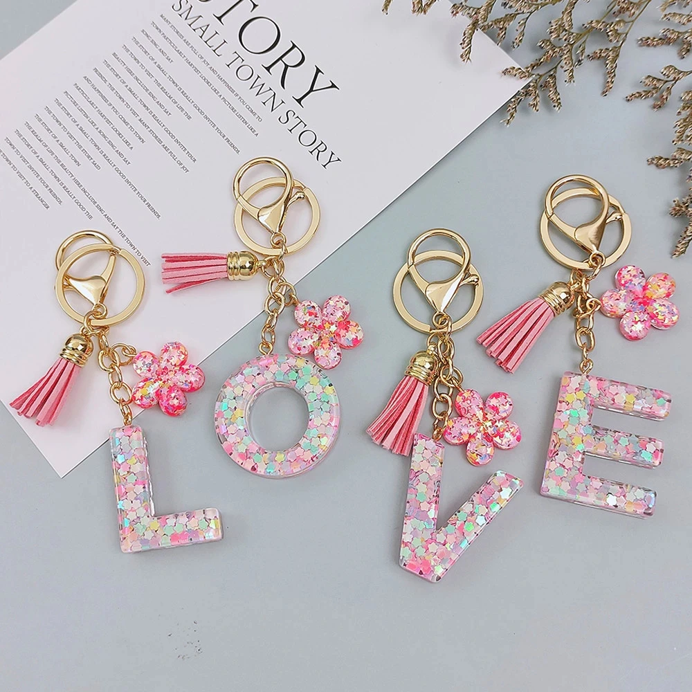 Изысканный мечтательный брелок с блестками и буквами розовый цветок кисточка