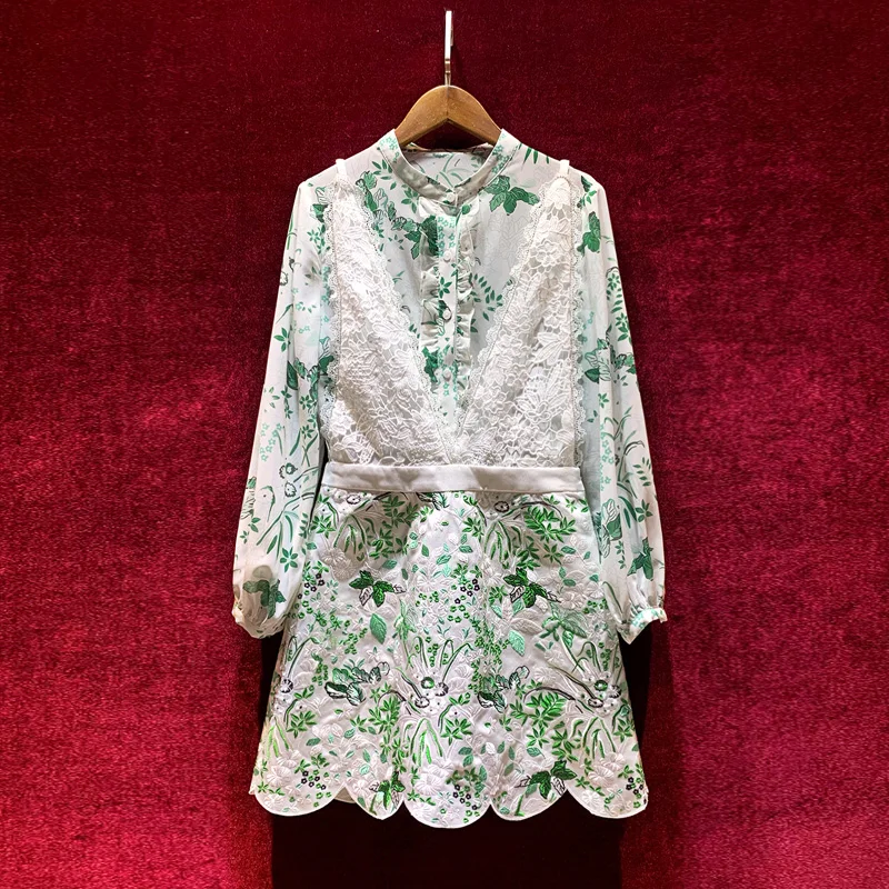 

European and American women's wear spring 2022 new Printed shirt long sleeves and standing collar Lace strap dress Fashion suits