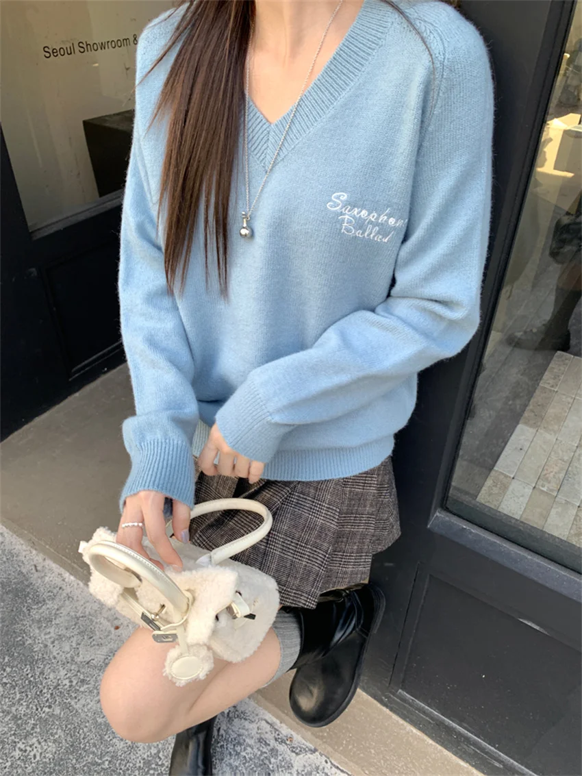 Женский свитер с V-образным вырезом Alien Kitty повседневный свободный трикотажный