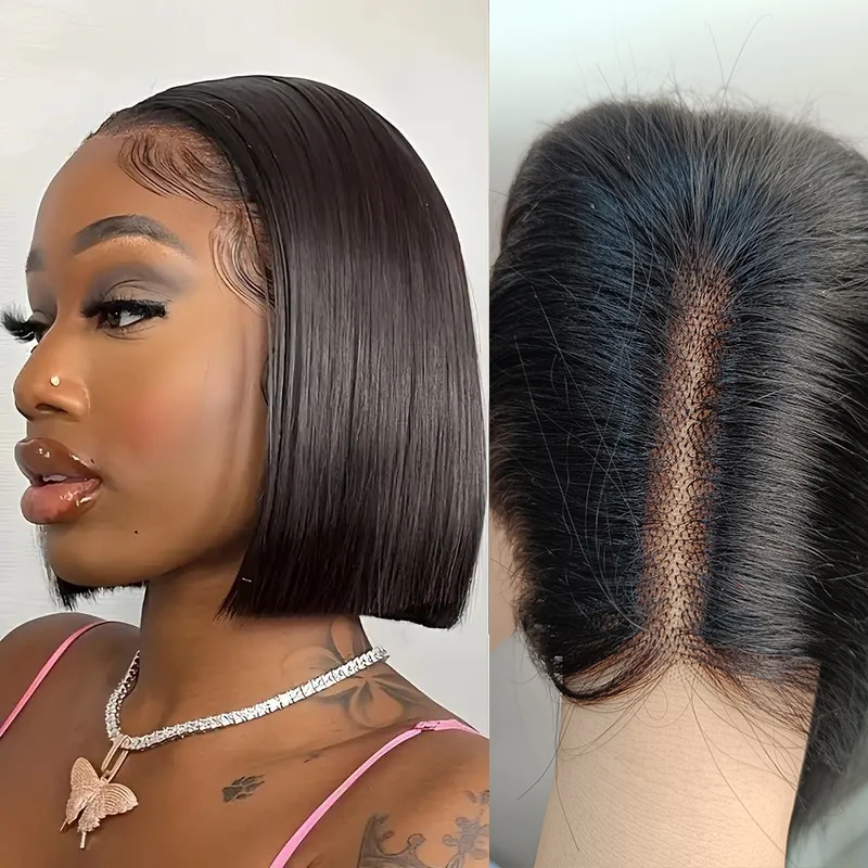 Натуральный Черный Боб Прямой Парик Человеческих Волос 13x1 Прозрачный Фронта