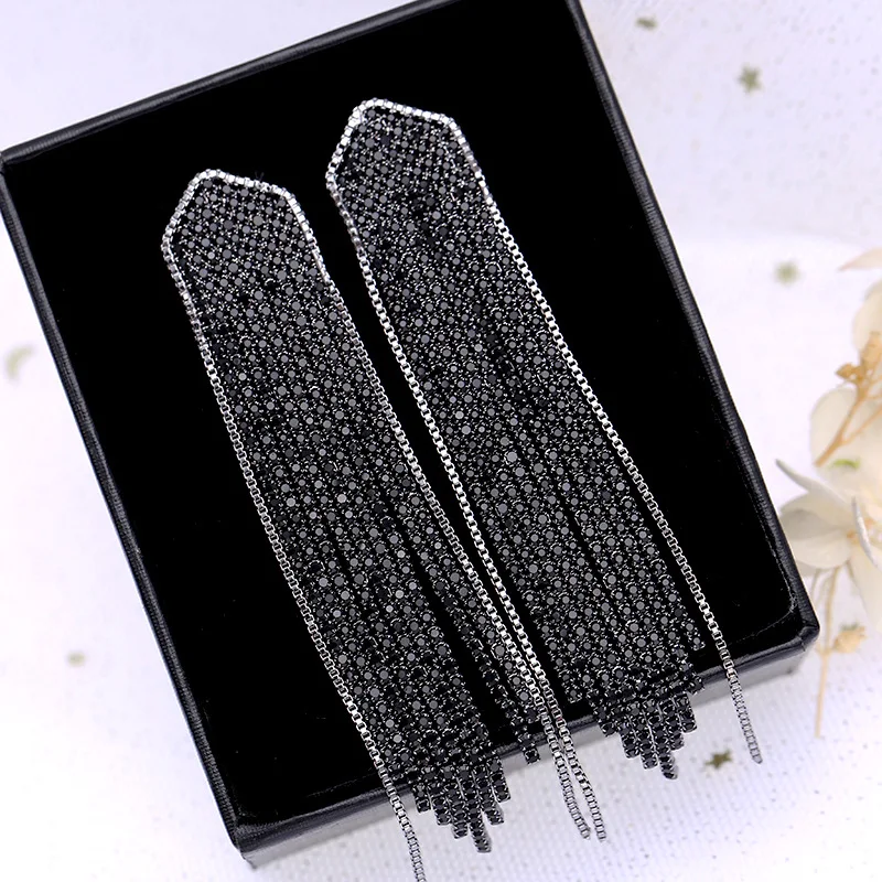 Женские длинные серьги-кисточки с кристаллами, серебро 925 пробы