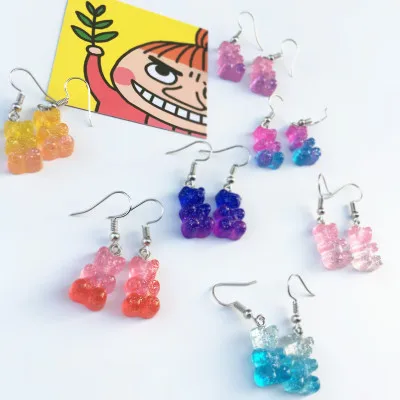 

Fashion Funny Cute Mini Glitter Gummy Bear dangly Earrings popular Lovely Little Animal rainbow bear Dangle Earrings Candy Color
