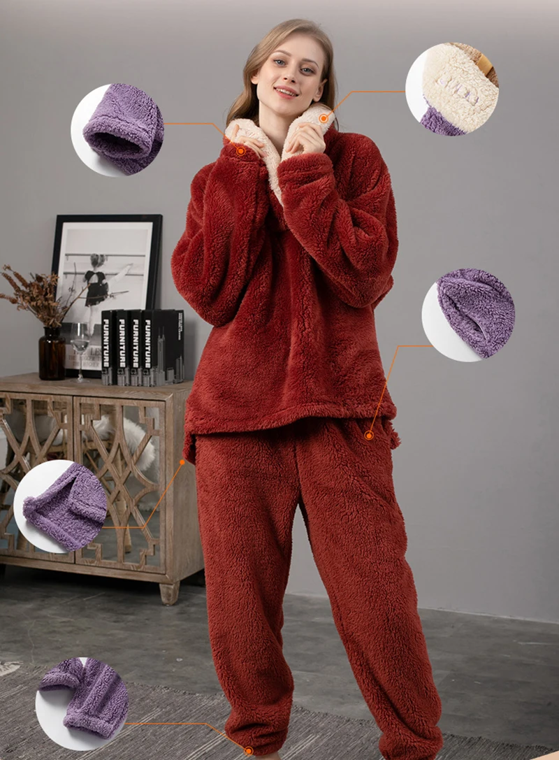 Women's Winter Warm Solid Color Suit Household Clothes Polyester Comfortable Skin-Friendly Plush Lapel Sleepwear