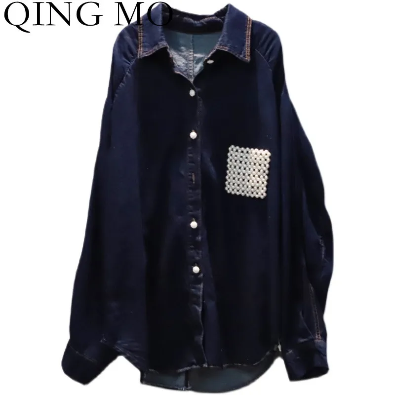 

Женская джинсовая рубашка с отложным воротником QING MO, голубая Свободная блузка большого размера с длинными рукавами и бусинами, весна 2022