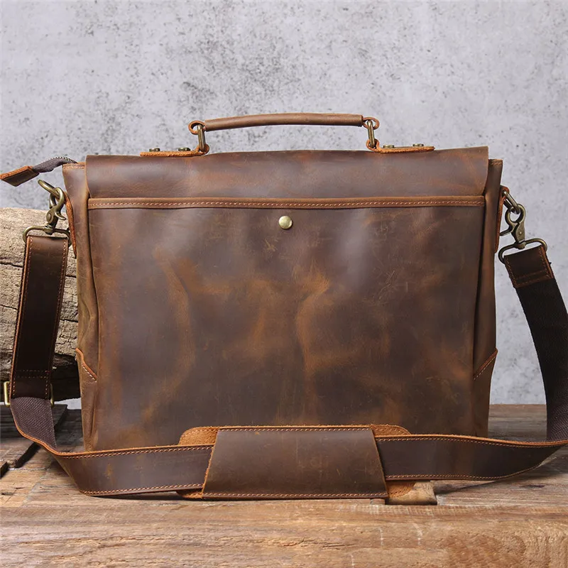 Natural genuine leather men's briefcase vintage handmade crazy horse cowhide handbag fashion work laptop shoulder messenger bags