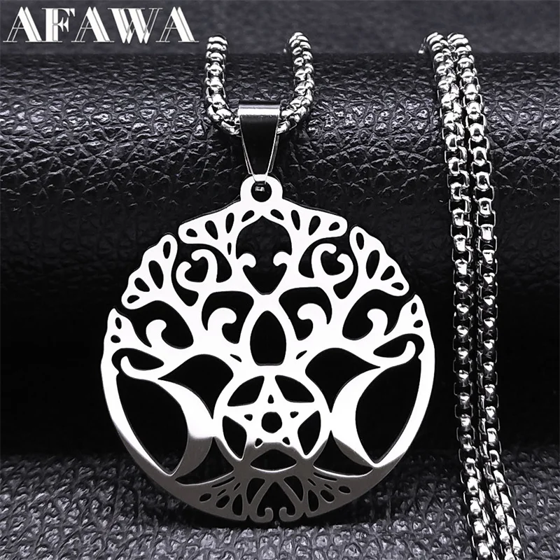 

Wicca Triple Moon Goddess Tree Of Life Necklace Stainless Steel Witch Pagan Pentagram Necklaces Jewelry collier acier inoxydable