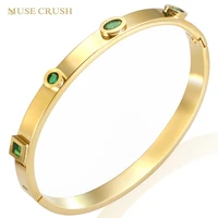 muse crush luxury new trendy geometric cz crystal bracelets gold plated green zircon cuff bangle for women party jewelry gift