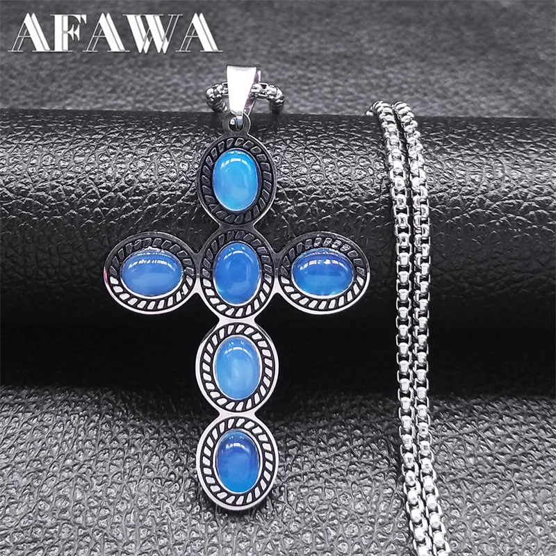 

Bohemian Cross Pendant Necklace Stainless Steel Natural Stone Simple Chain Necklaces Gift Jewelry corrente masculina N8138S02