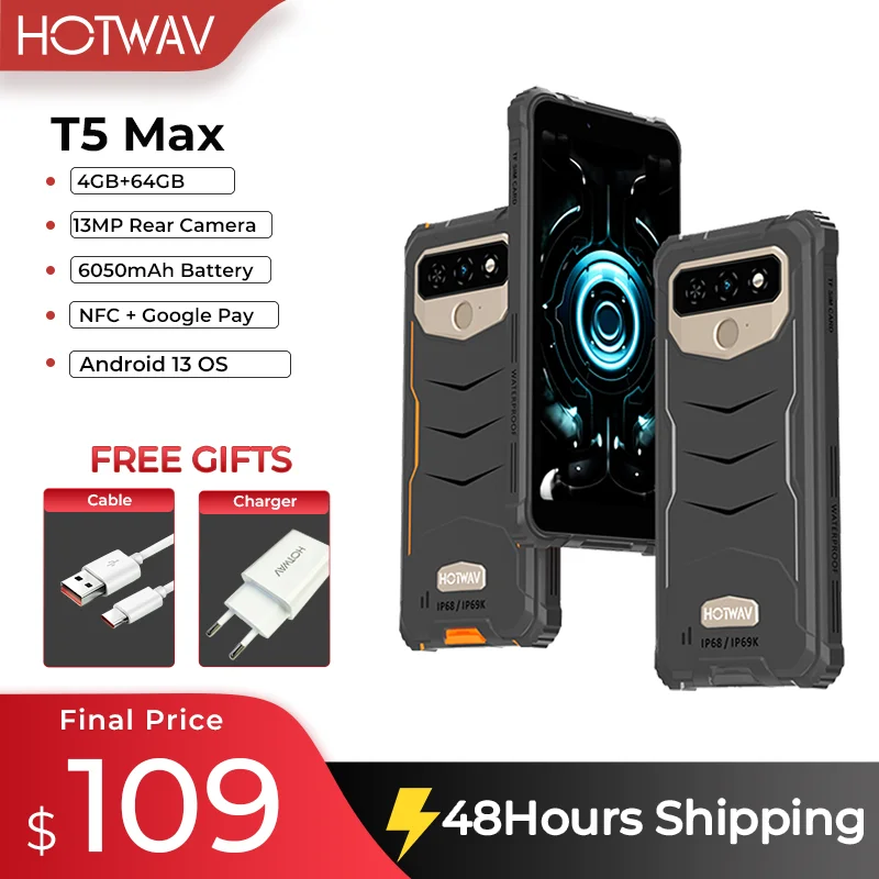Прочный телефон Hotwav T5 Max, 4G, 2023 дюймов, Android 13 OS, MTK6761, 6,0 дюйма, 4 + 64 ГБ, 6050 мАч