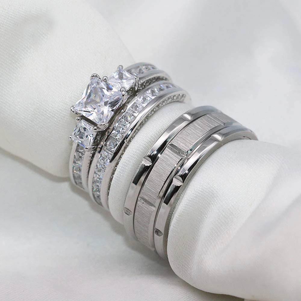 

Gorgeous Couple Ring Women Square Cut Crystal Rhinestones Rings Set Couples Matching Fashion Stainless Steel Jewelry Set anillos