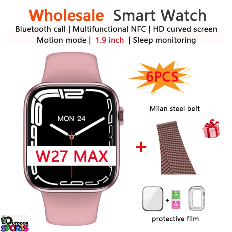 

Смарт-часы W27 MAX, 1,9 дюйма, NFC, с пульсометром, 6 шт.
