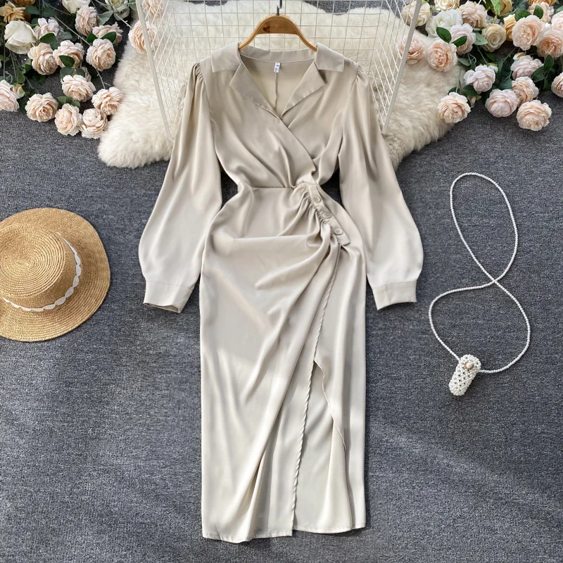 

Осенний костюм с лацканами, шикарное Плиссированное асимметрипосылка гающее платье с открытой талией для женщин