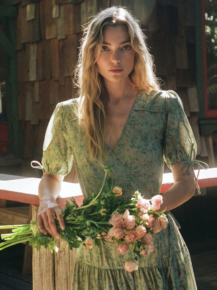 

Женское платье с запахом, зеленое платье средней длины с V-образным вырезом и цветочным принтом, весна-лето 2022