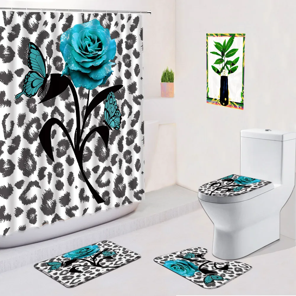 Boho 4pcs set Shower Curtains Bath Mat Mandala Pattern Creative Geometric Rose Flower Leopard Zebra Fabric Anti Slip Rugs Carpet - купить по