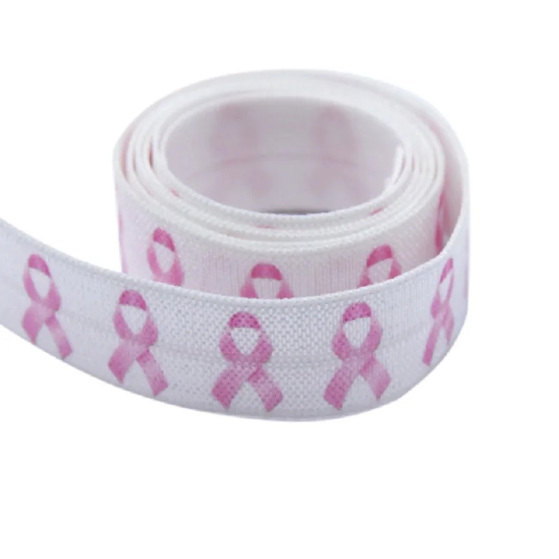 

50yards 5/8" 16mm Breast Cancer Awareness Printed Fold Over Elastic FOE Ribbon DIY Hairbows Crafts Handmade Hair Tie Accessories