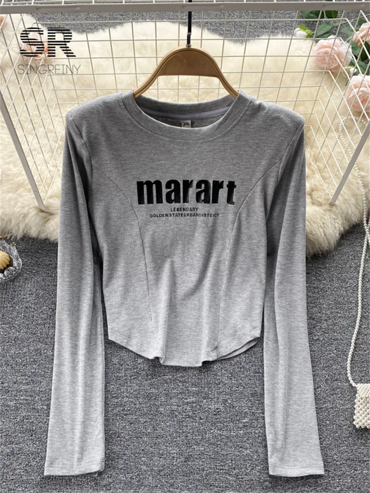 Летняя женская футболка SINGREINY с буквенным принтом и длинными рукавами Y2K