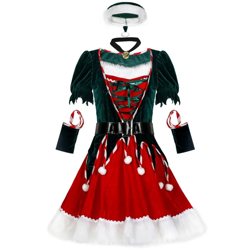 Women Christmas Santa Costume Party Dance Velvet Leotard Dress Santa Christmas Apparel