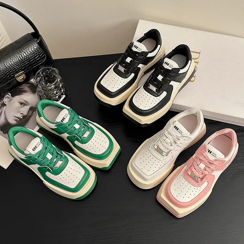 Personality Platform Women's Sneakers Leather Fashion Lace-up Square-Round Toe 2023 New Fashion Chunky Sneakers Woman