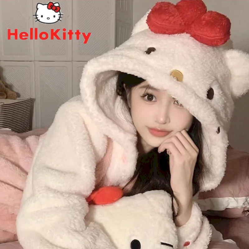 

Sanrio Kawaii Winter Hello Kitty Robes Cartoon Ins Coral Fleece Pajamas Thick Warm Cute Pijamas Women Home Wear Pink Nightgowns
