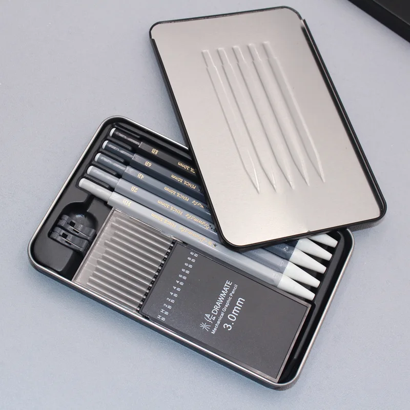 Ceny 5 Sztuk/pudło HB Ołówek Automatyczny Zestaw Do Szkicowania Komiks Węgiel 3.0mm Zestaw Ołówków Student Dostaw Sztuki Nadaje Się Dla Początkujących