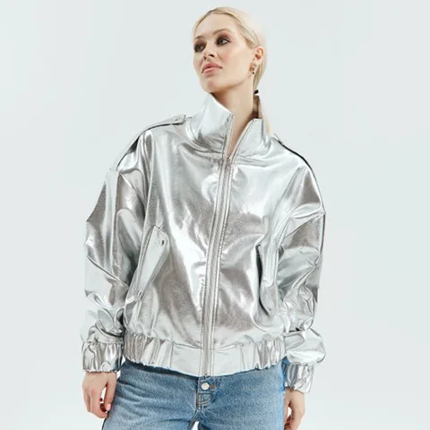 Модная женская блестящая куртка из искусственной кожи с отворотами и карманами на молнии свободные куртки металлического цвета хип-хоп панк женские пальто