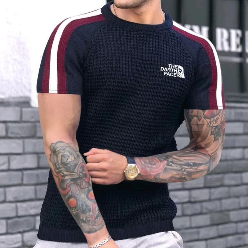 Men's spring and summer new waffle print round neck bottoming shirt men's trend color matching high-quality casual knitted sweat