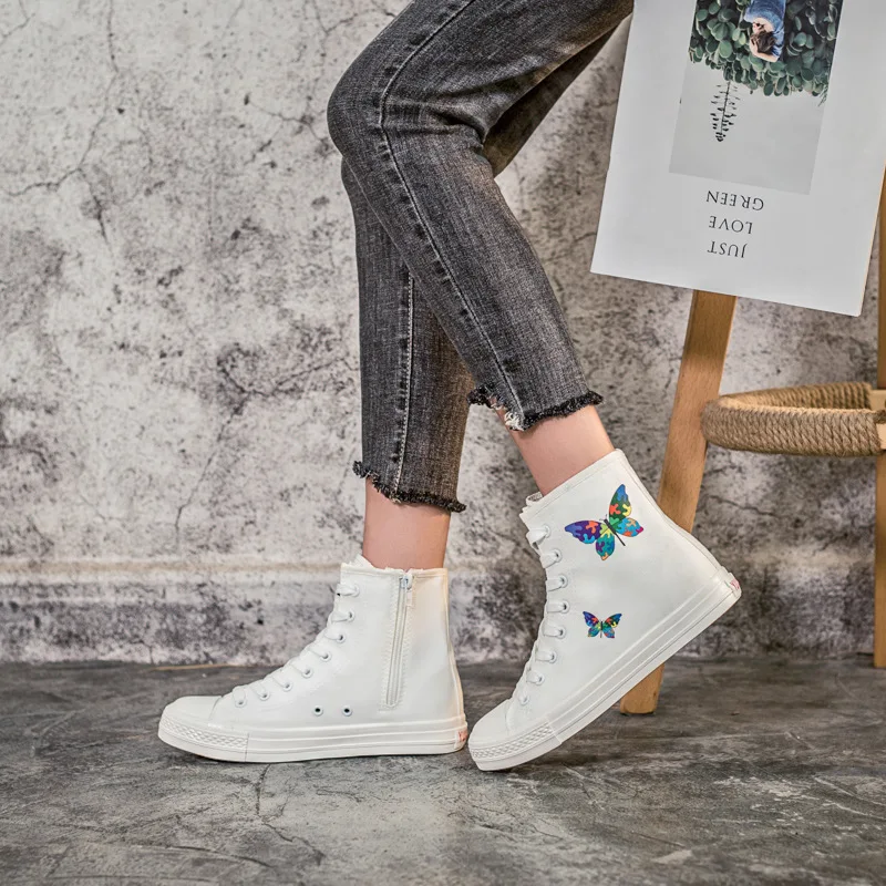 

High-top canvas shoes zipper hand-made custom hand-painted shoes butterfly pattern short tube casual shoes 35-44