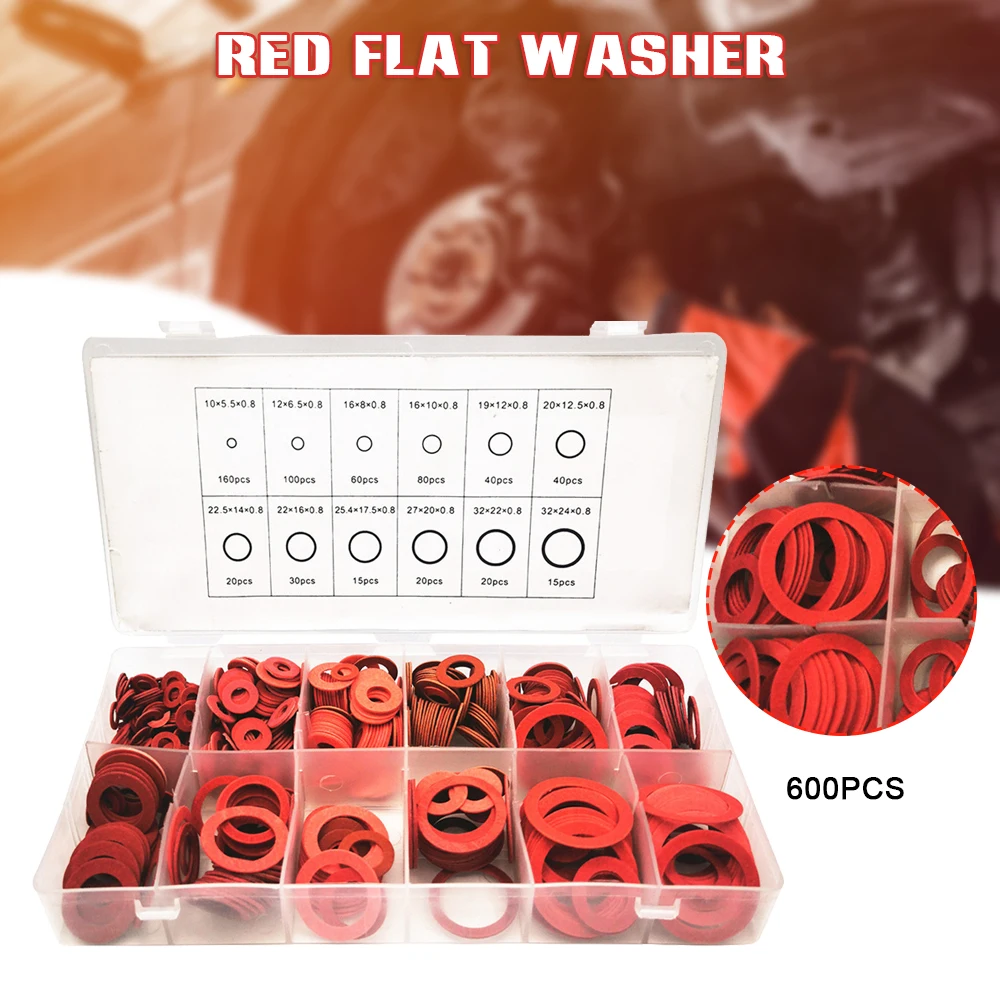 

Newest 600Pcs Flat Washers Kit Red Steel Paper Insulation Gasket Assorted Set with Box Sealing Washers Perfect box Practical