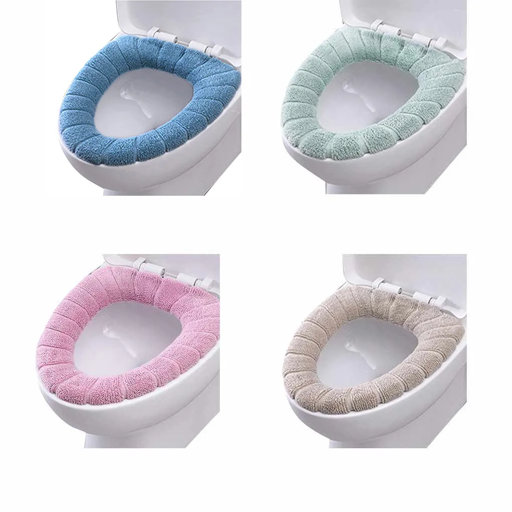 

1Pc Washable Toilet Seat Cover Bathroom Accessories Winter Warm Closestool Mat Knitting Pure Color Soft O-shape Pad Toilet Seat