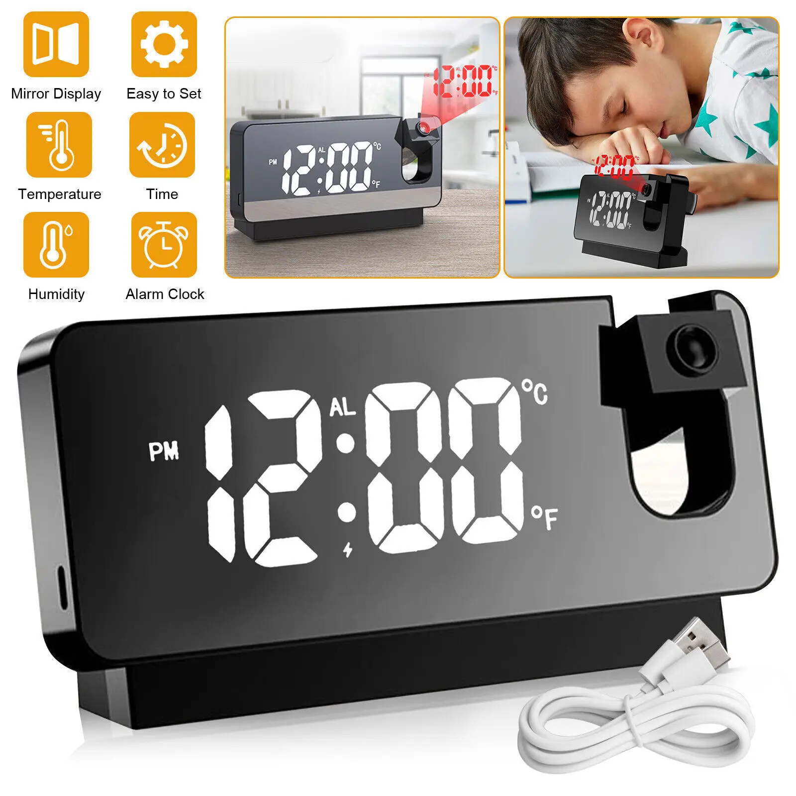 

Led Mirror Projection Alarm Clock Thermometer Dates Large Screen Display USB Charging Multifunctional Electronic Digital Clock