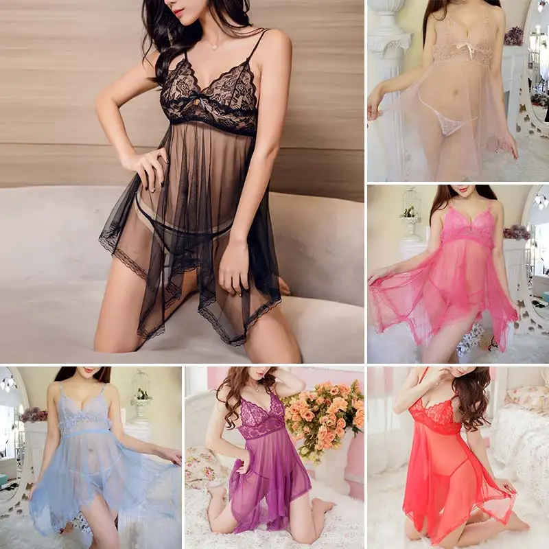 

Mesh Transparent Sleepwear Women Summer Sexy Lace Erotic See-through Lingerie Floral Backless Swing Halter Nightgown Mini Skirt