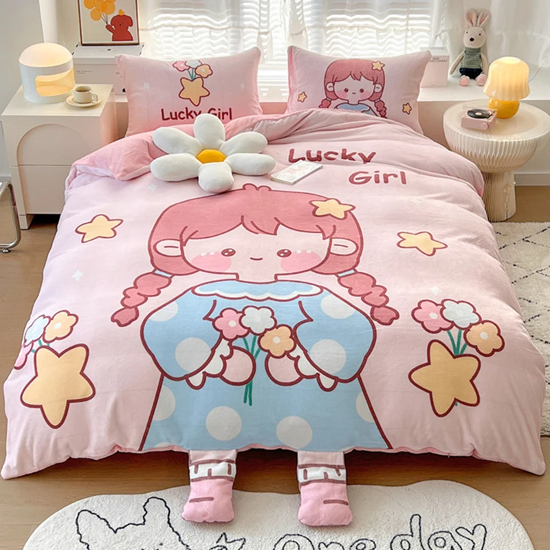 

Kawaii Pastel Bedding Set For Girl Kid Cute Flannel Warm Winter Duvet Cover Set Full Queen Size Fitted Bed Sheet With Pillowcase