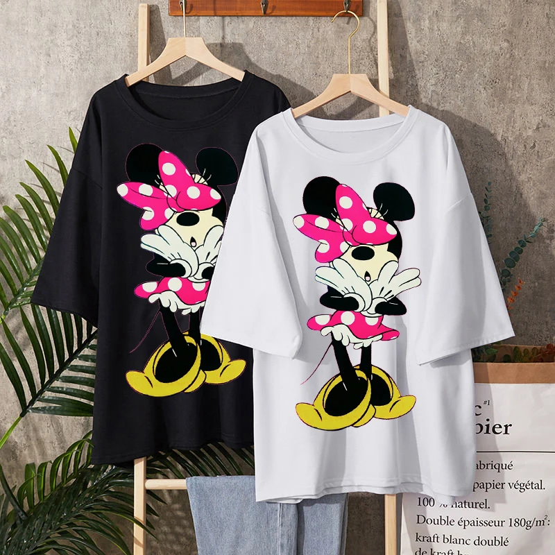 

Kawaii Disney Minnie Mouse Women T-shirt Ladies Black Top Ladies Casual O-Neck Oversized Tshirt Top Ladies Harajuku Clothing