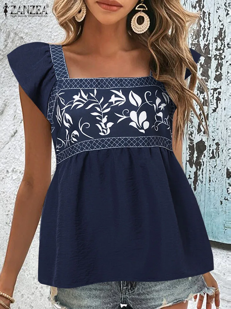 

Летняя Праздничная блузка ZANZEA 2023 с оборками и коротким рукавом, женская рубашка с принтом, плиссированные Блузы с квадратным воротником, модные бандажные Топы