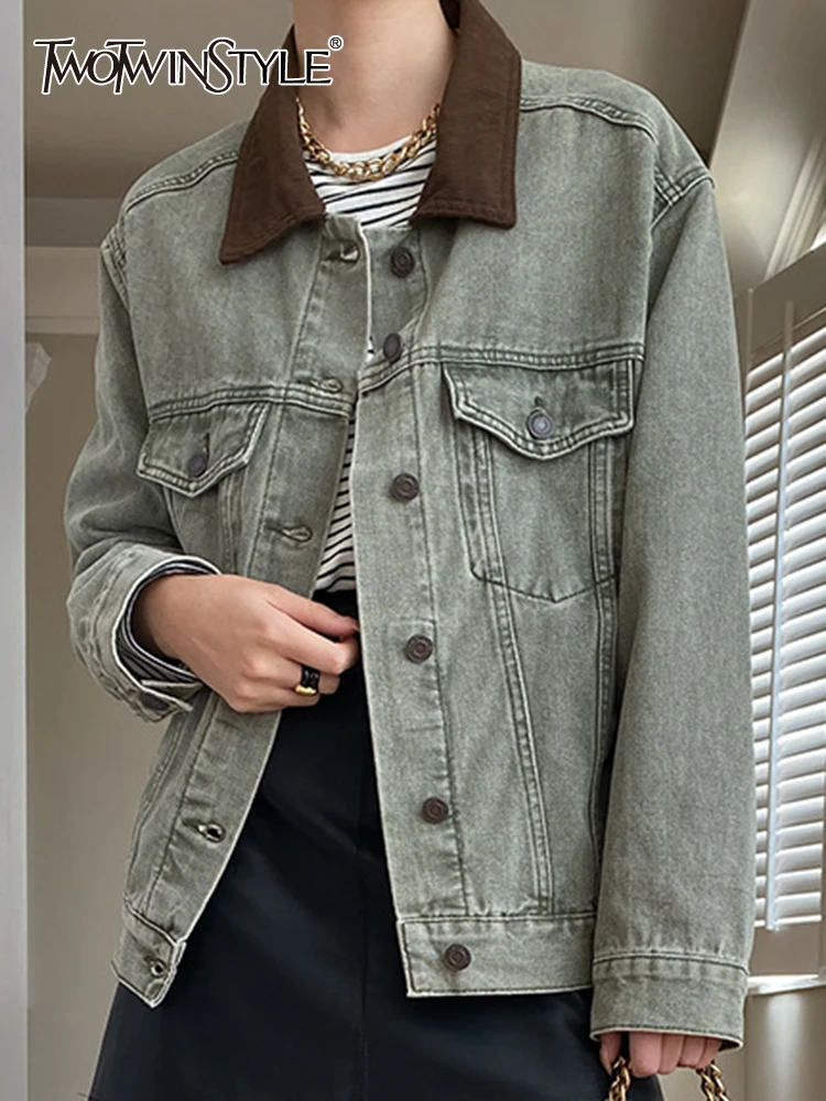 

TWOTWINSTYLE Colorblock Vintage Jackets For Women Lapel Long Sleeve Patchwork Single Breasted Casual Chic Jacket Female Clothing