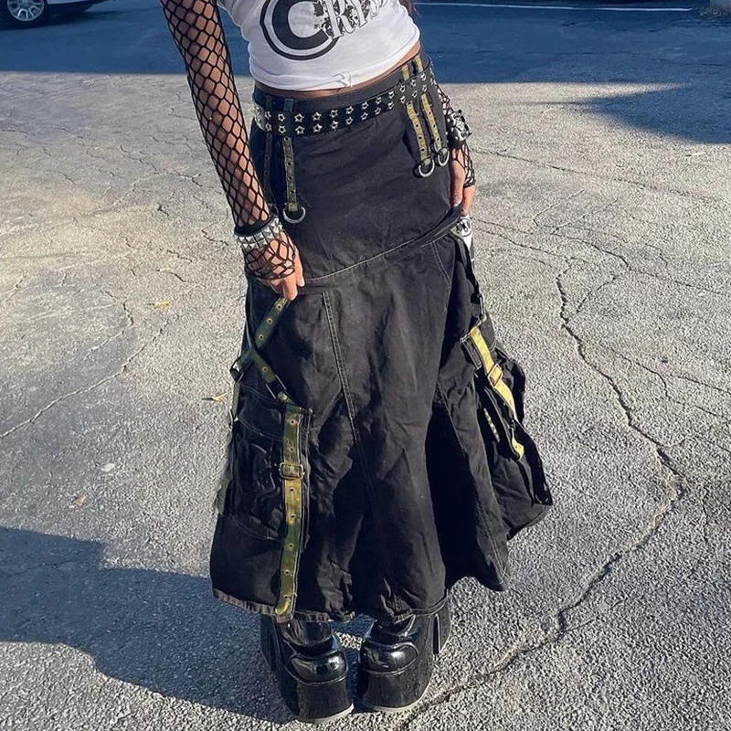 

hirigin Y2K Aesthetic Retro Contrast Stitching Long Skirts Harajuku Buckle Ribbon A-line Cargo Skirts Gothic Grunge Clothes 2022