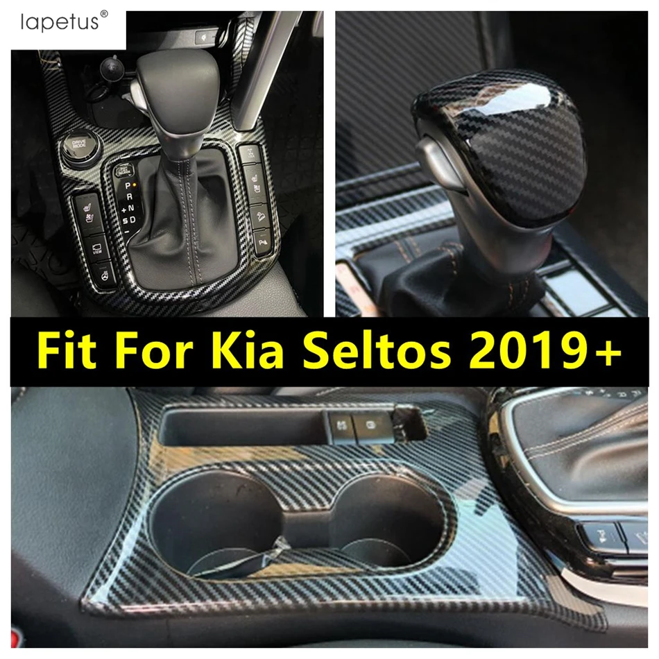 

Carbon Fiber Central Console Front Water Cup Holder Frame Gear Head Panel Decor Cover Trim Accessories For Kia Seltos 2019 -2022
