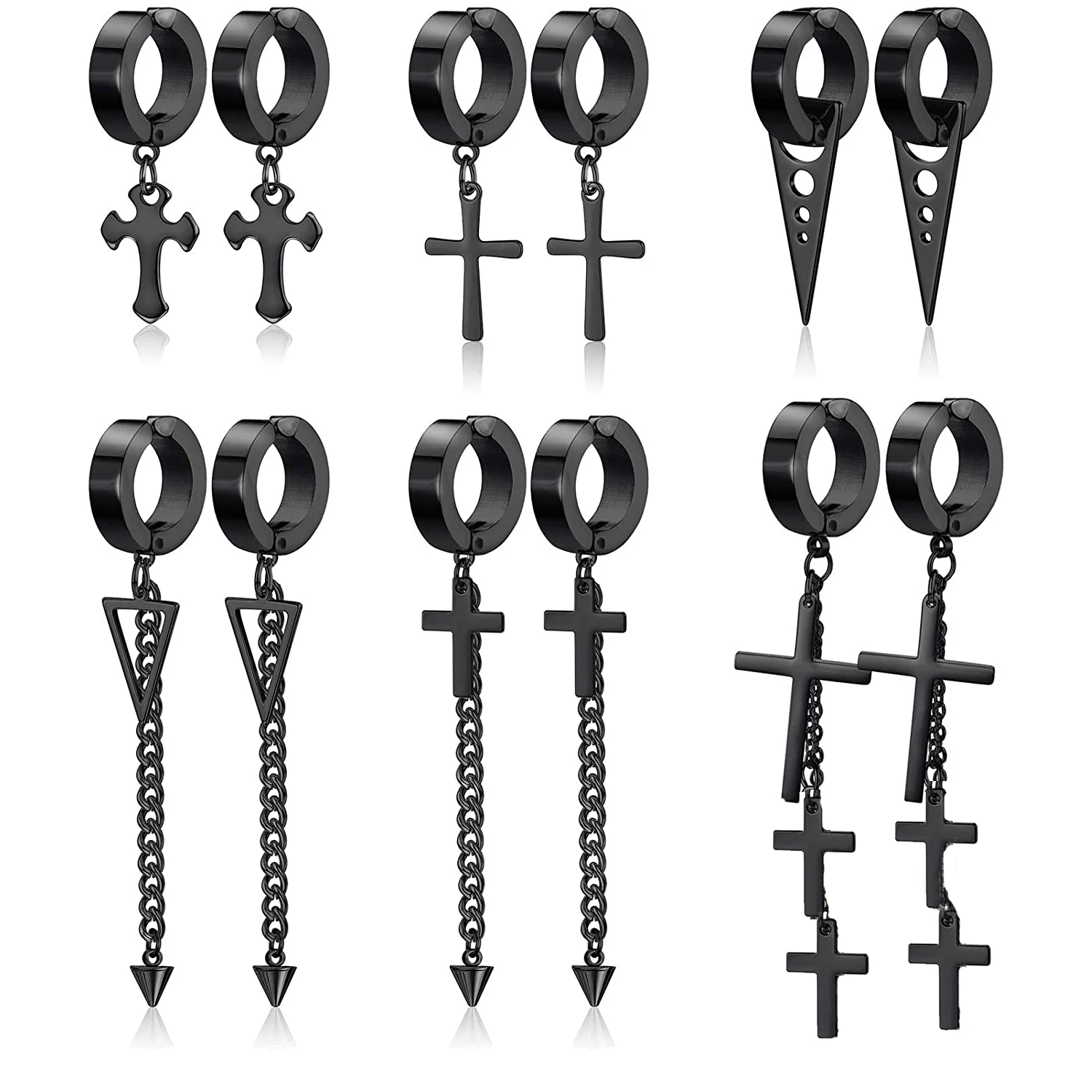 

6 Pairs Stainless Steel Clip On Huggie Dangle Earrings for Men Women Long Chain Cross Pendant Non Piercing Earrings