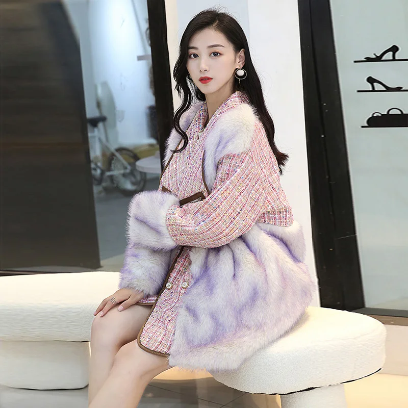 2022 New Senior Sense Autumn Winter Imitation Fur Coats Women Long Young Small Incense Wind Hair Stitching Fashion Coat Female