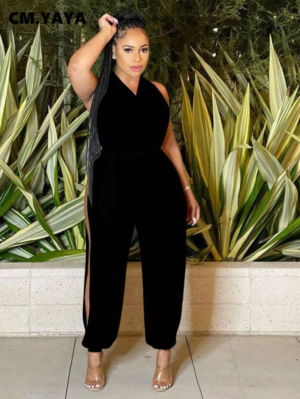 

Женский однотонный комбинезон CM.YAYA, элегантный ремень с V-образным вырезом, летний слитный комбинезон, 2022