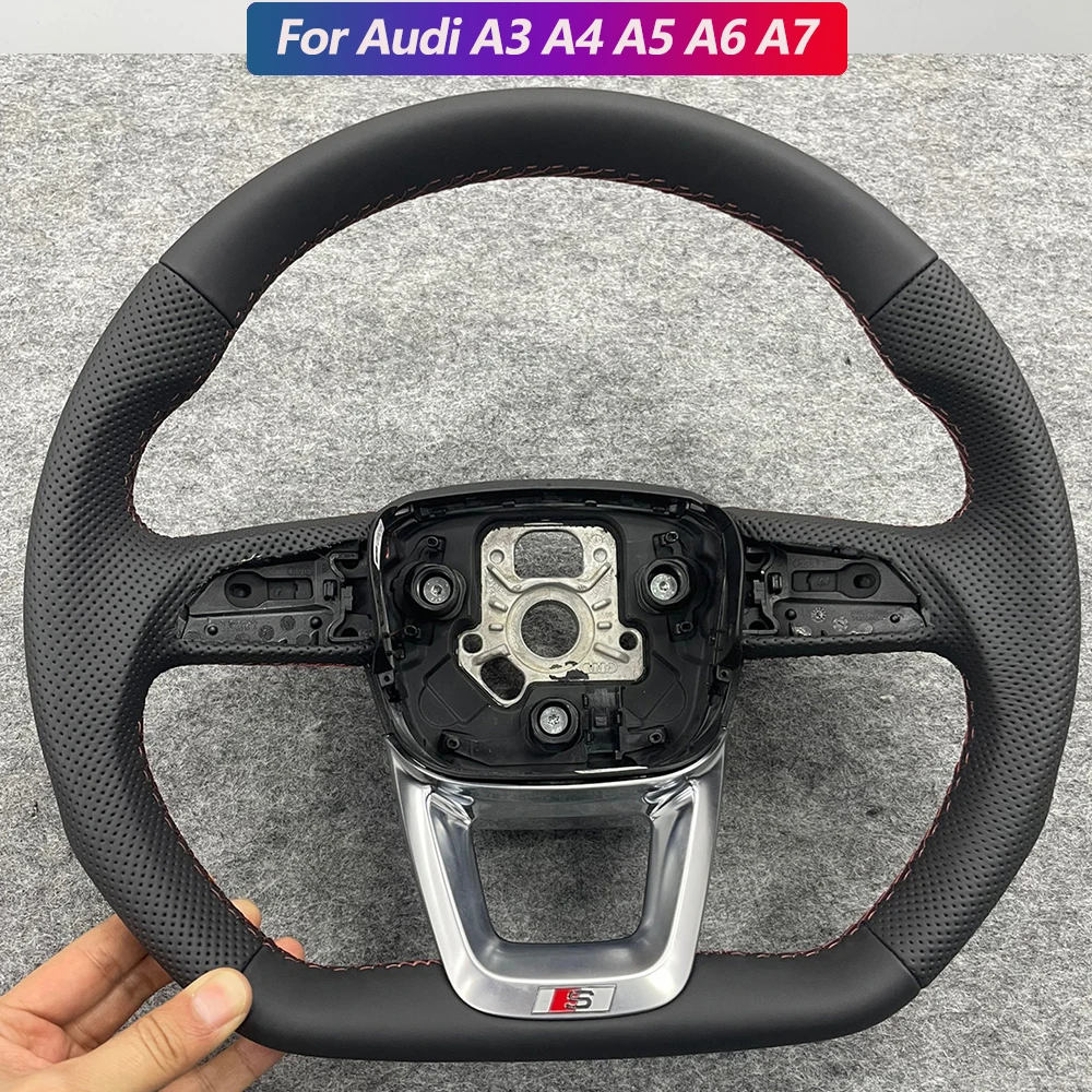 

Auto Semi-Perforated Black Leather Bottom Sports Steering Wheel For Audi Q3 2019 2020 2021 2022