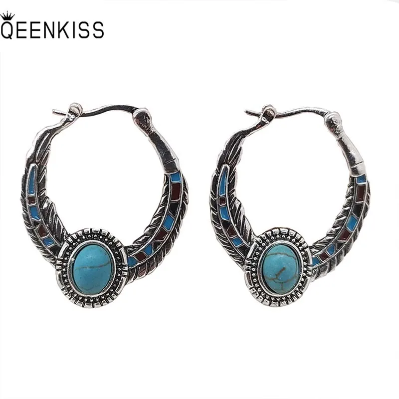 

QEENKISS EG6229 Jewelry Wholesale Fashion Woman Girl Birthday Wedding Gift Retro Round Turquoise Antique Silver Drop Earrings