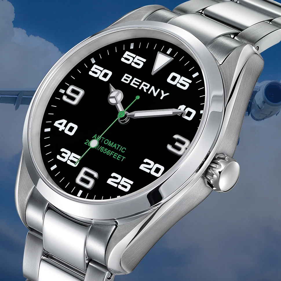 

BERNY Mens Watch Mechanical Wristwatch SEIKO NH35 Male Stainless Steel Waterproof 20ATM Luminous Fashion Automatic Watch For Men