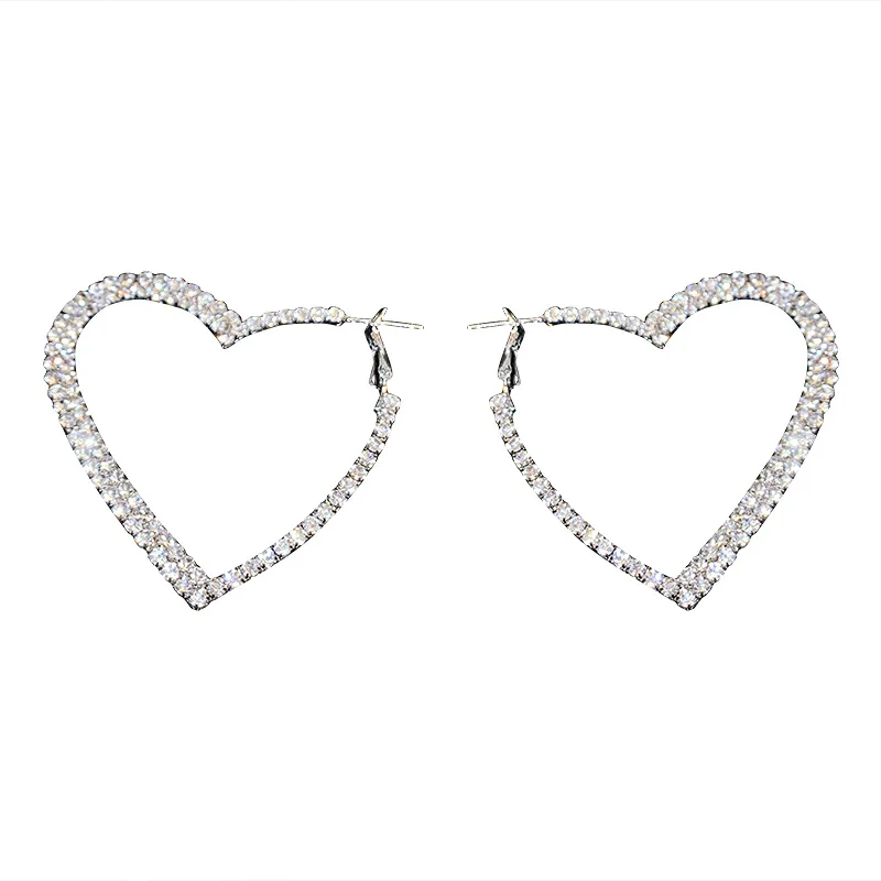 

PTQASP Fashion Sliver Color Shiny Crystal Heart Earrings for Women Exaggerated Personality Big Love Hoop Earrings Wedding Party